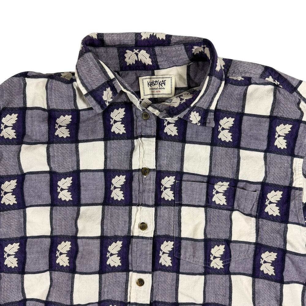 Krazy Kat Essential Shirts Button Front Shirt Purple White Plaid Leaf Mens XL